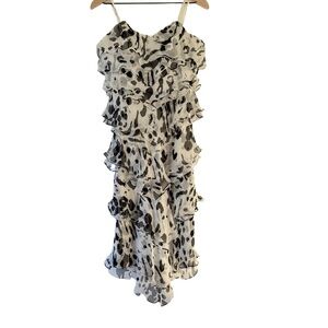 Melinda Eng Black White Tiered Ruffle Strapless Animal Print Cocktail Dress 10